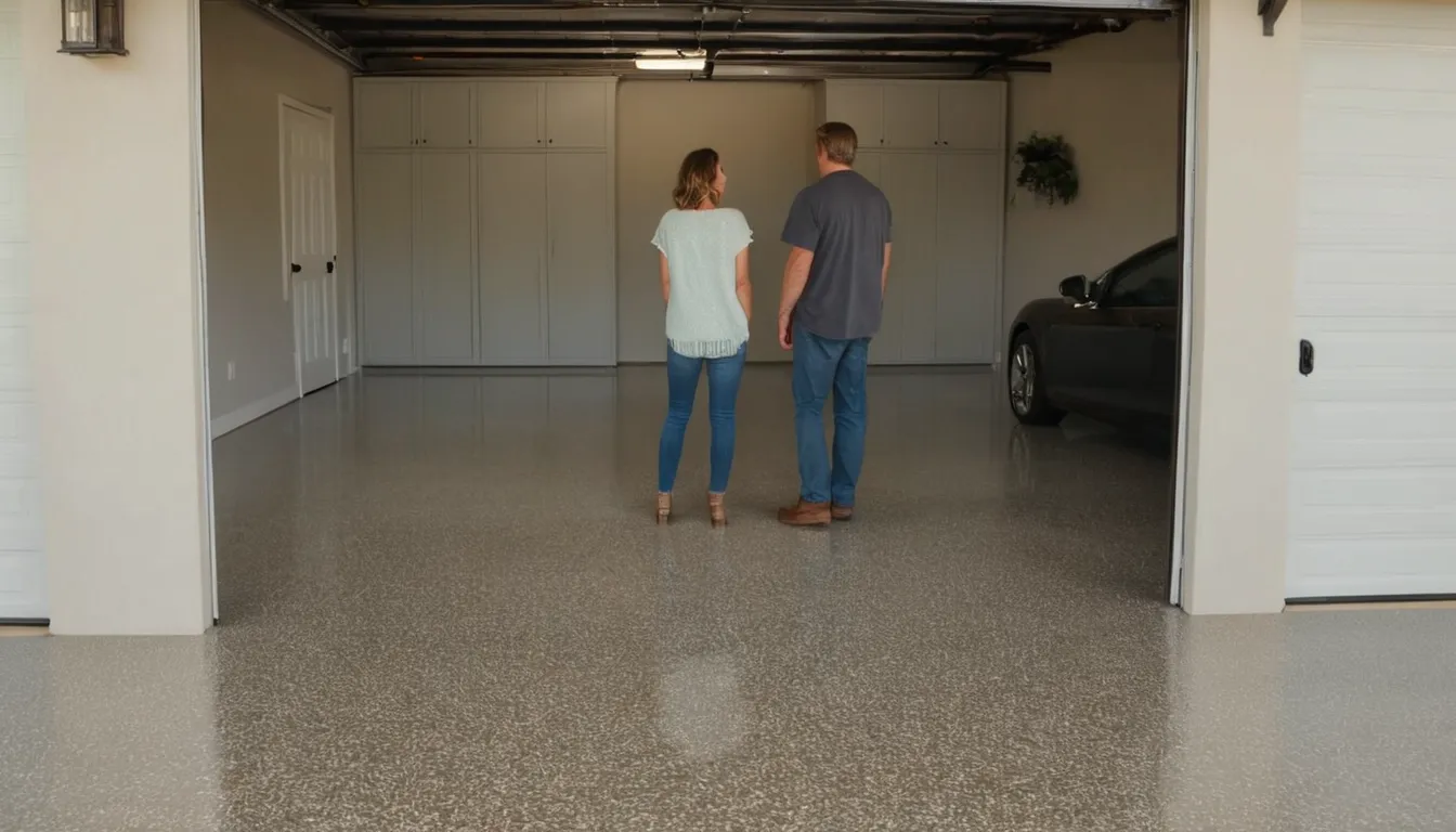 Clean epoxy garage floor with speckled flake finish in a Plano home